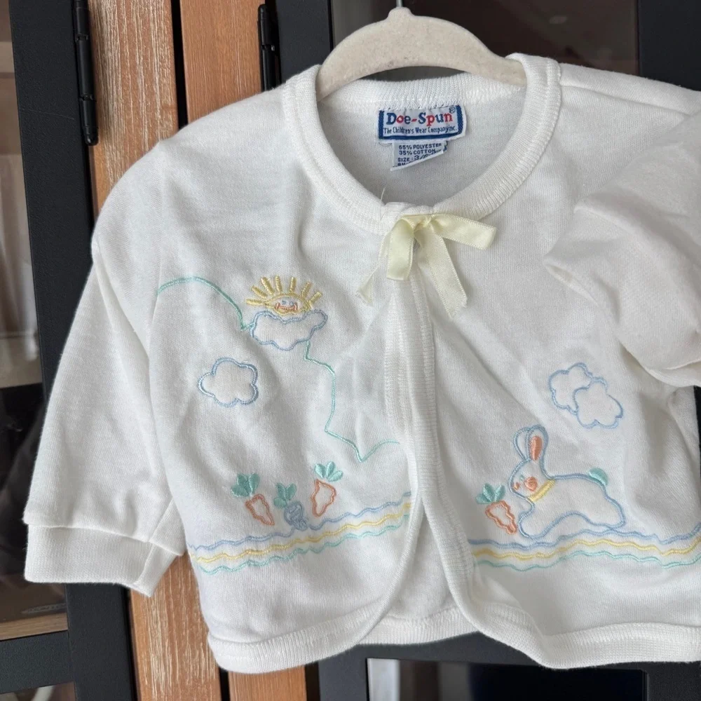 Vintage 70s Doespun cardigan onesie set bunny embroidered baby romper unisex